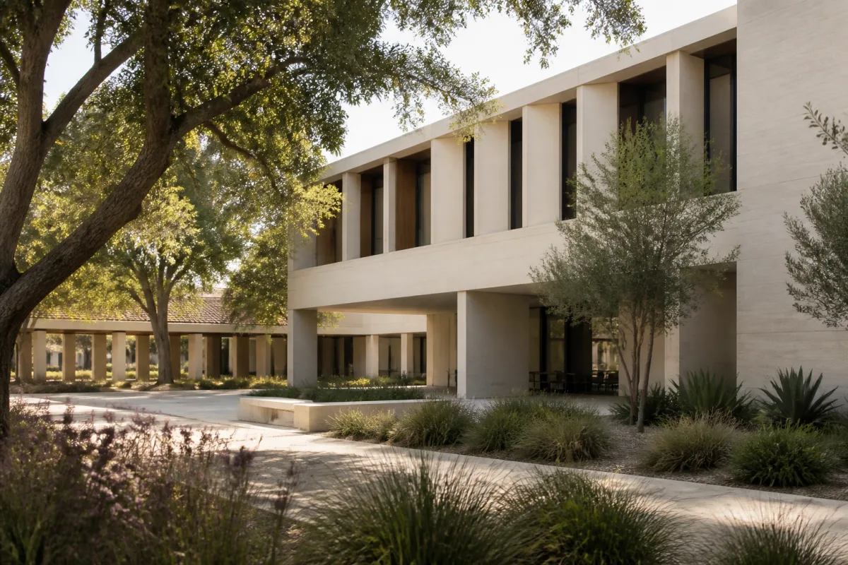 A quiet university research campus courtyard