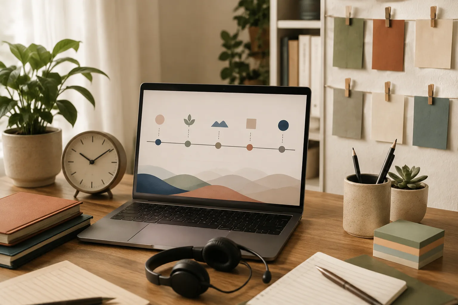 Remote learning workspace with a laptop timeline, clock, headset, and support notes