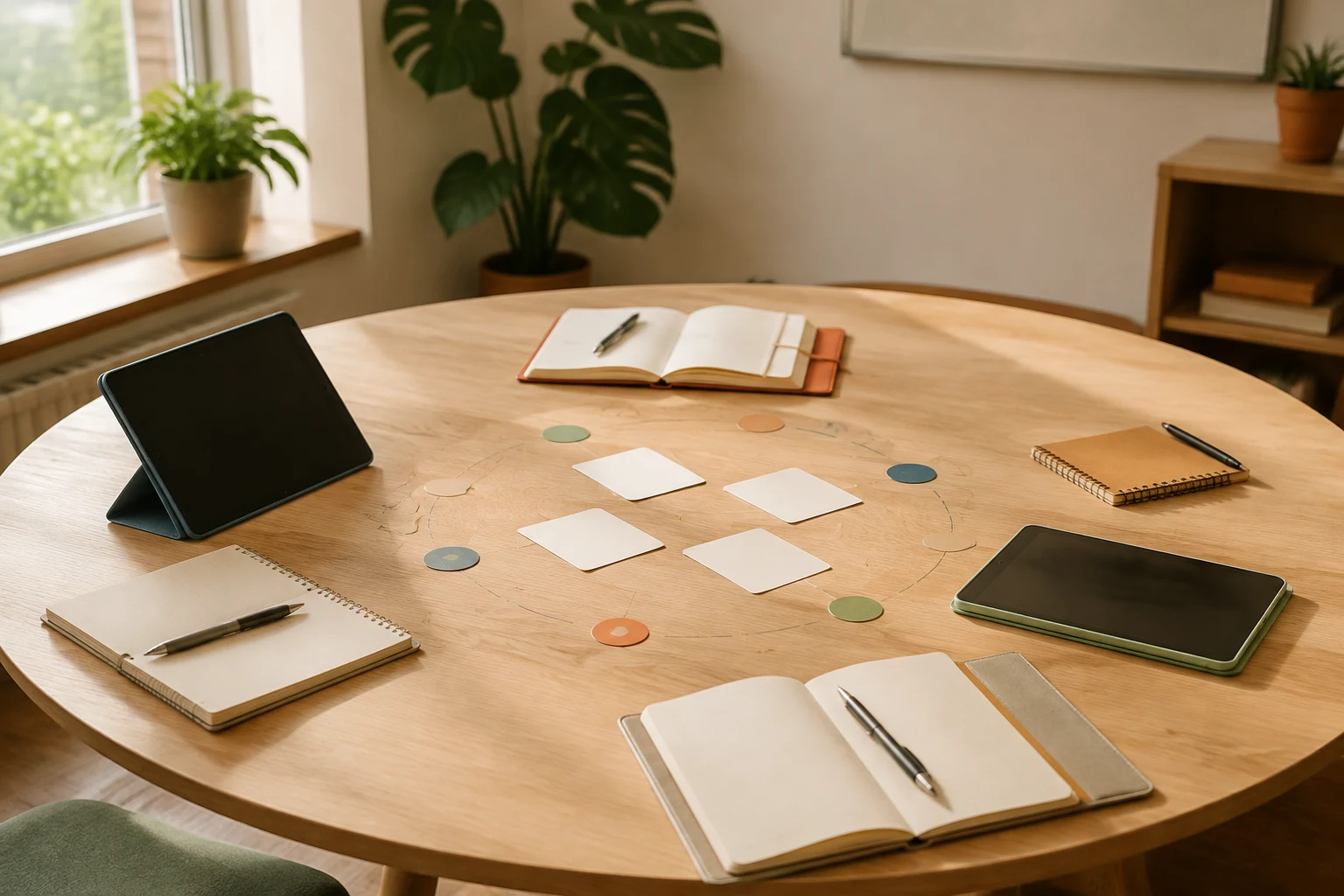 Four study workspaces connected around a shared table for the PeerSpace project